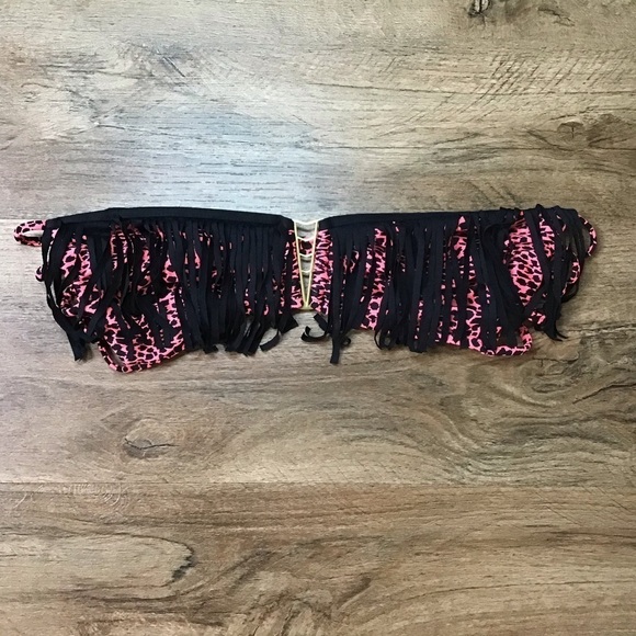 B Swim Bikini Top Fringe Cheetah Animal Print Black Orange M - Picture 1 of 8